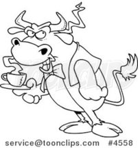 Cartoon Black and White Line Drawing of a Bull Waiter Serving Coffee by Toonaday