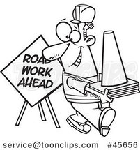 Cartoon Black and White Happy Construction Worker with Road Cones and a Sign by Toonaday
