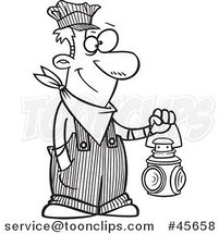 Cartoon Black and White Happy Train Engineer Guy Holding a Lantern by Toonaday