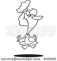 Cartoon Black and White Relaxed Lady Floating While Meditating by Toonaday