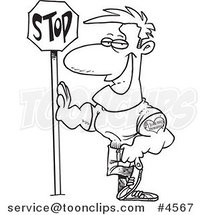 Cartoon Black and White Line Drawing of a Buff Guy Leaning Against a Stop Sign by Toonaday