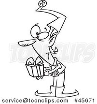 Cartoon Black and White Christmas Elf Holding out a Gift by Toonaday