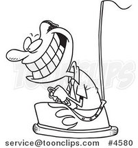 Cartoon Black and White Line Drawing of a Black Business Man Driving a Bumper Car by Toonaday