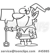 Cartoon Black and White Christmas Elf with a Snow Shovel by Toonaday