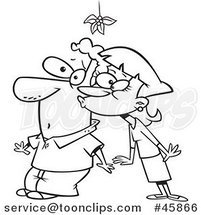Cartoon Black and White Lady Kissing a Guy Under the Mistletoe by Toonaday