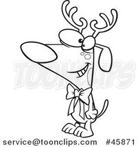 Cartoon Black and White Christmas Dog Wearing Antlers and a Bow by Toonaday