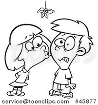 Cartoon Black and White Girl Kissing a Boy Under Mistletoe by Toonaday