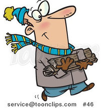 Cartoon White Guy in Winter Clothing Carrying Firewood for His Fireplace by Toonaday