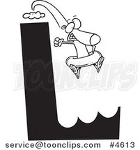 Cartoon Black and White Line Drawing of a Dog Leaping off of an L Cliff with an Inner Tube by Toonaday