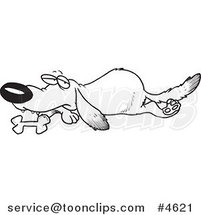 Cartoon Black and White Line Drawing of a Lab Dog Resting by His Bone by Toonaday