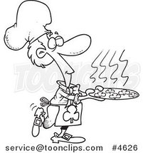 Cartoon Black and White Line Drawing of a Chef Leprechaun Serving Shamrock Cookies by Toonaday