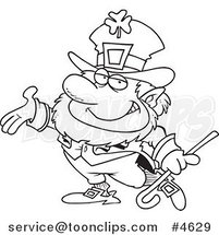 Cartoon Black and White Line Drawing of a Presenting Leprechaun by Toonaday