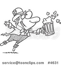 Cartoon Black and White Line Drawing of a Toasting Leprechaun by Toonaday