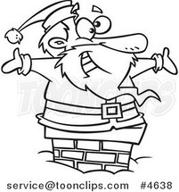 Cartoon Black and White Line Drawing of Santa Smiling in a Chimney by Toonaday