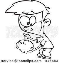 Cartoon Black and White Boy Putting a Coin in His Piggy Bank by Toonaday