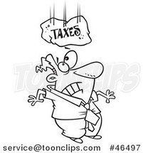 Cartoon Black and White Taxes Boulder Falling on a Business Man by Toonaday