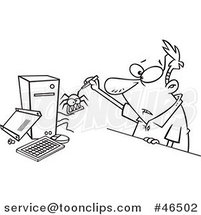 Cartoon Black and White Guy Removing a Bug from His Computer by Toonaday