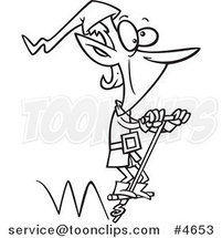 Cartoon Black and White Line Drawing of a Christmas Elf Hopping on a Pogo Stick by Toonaday