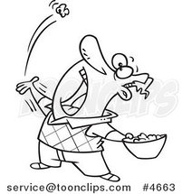 Cartoon Black and White Line Drawing of a Guy Skillfully Tossing Popcorn into His Mouth by Toonaday