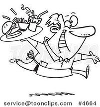 Cartoon Black and White Line Drawing of an Energetic Waiter Serving Fast Food by Toonaday