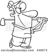 Cartoon Black and White Happy Guy Swinging a Golf Club by Toonaday