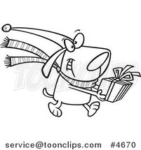 Cartoon Black and White Line Drawing of a Christmas Dog Carrying a Present by Toonaday