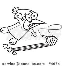 Cartoon Black and White Line Drawing of a Sledding Penguin by Toonaday