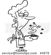 Cartoon Black and White Line Drawing of a Grumpy Lady Holding a Burnt Cake by Toonaday