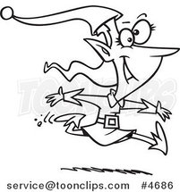Cartoon Black and White Line Drawing of a Christmas Elf Leaping by Toonaday