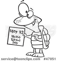 Cartoon Black and White Happy Tortoise Holding a May 23 World Turtle Day Calendar by Toonaday