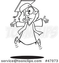 Cartoon Black and White Happy Graduate Girl Jumping by Toonaday