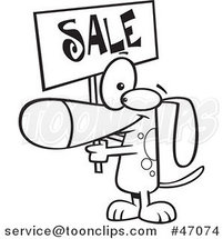 Black and White Cartoon Dog Holding up a Sale Sign by Toonaday