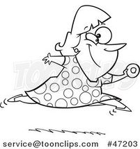 Cartoon Black and White Chubby Lady Leaping with a Donut in Hand by Toonaday