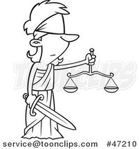 Black and White Cartoon Lady Justice Blindfolded with a Sword and Scales by Toonaday