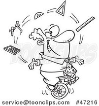 Black and White Cartoon Math Teacher Juggling on a Unicycle by Toonaday