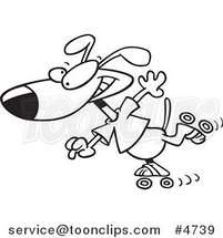 Cartoon Black and White Line Drawing of a Roller Blading Dog by Toonaday