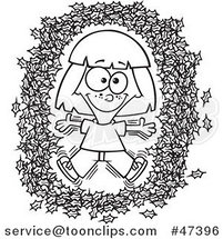 Cartoon Black and White Girl Making an Angel in Autumn Leaves by Toonaday