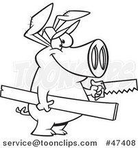 Cartoon Black and White Carpenter Pig Holding Lumber and a Saw by Toonaday