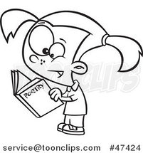 Cartoon Black and White School Girl Reading a Poetry Book by Toonaday