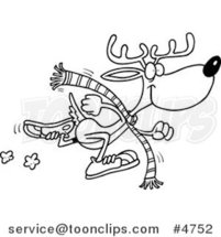 Cartoon Black and White Line Drawing of a Running Reindeer by Toonaday