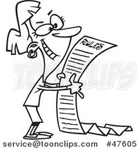Black and White Cartoon Happy Lady Reading the Beginning of a Long Rules List by Toonaday