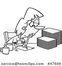 Black and White Cartoon Tired Lady Grading or Marking Papers by Toonaday