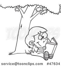 Black and White Cartoon Child Reading a Book Under a Tree by Toonaday