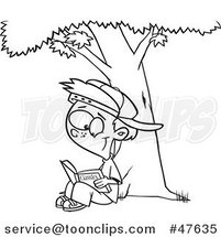 Black and White Cartoon Boy Reading a Classic Book Under a Tree by Toonaday