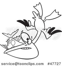Black and White Cartoon Pelican Swooping up a Fish by Toonaday