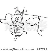 Black and White Cartoon Boy Hanging from a Weed on a Cliff by Toonaday