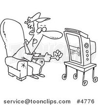 Cartoon Black and White Line Drawing of a Race Fan Watching Tv by Toonaday