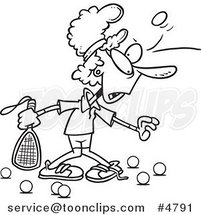 Cartoon Black and White Line Drawing of a Lady Getting Bruised During Racquetball by Toonaday
