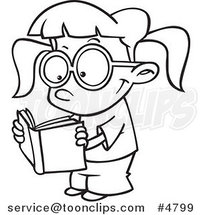 Cartoon Black and White Line Drawing of a Happy Girl Reading by Toonaday