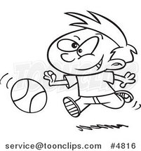 Cartoon Black and White Line Drawing of a Boy Dribbling a Basketball by Toonaday